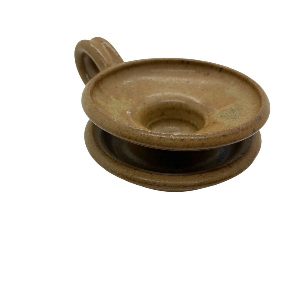 Candle Chamber Stick Holder Vintage Brown Stoneware Mottled Glaze Portable 6"